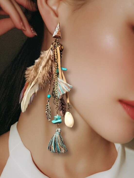 Boutique Jewelry - Long Bohemian Feather Tassel Earrings – Copper & Turquoise Festival Statement